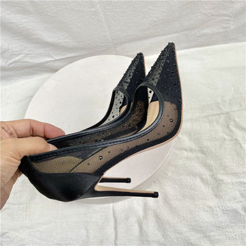 2025 New Breathable Mesh Drill High Heels 12CM Tip Finger Fine Heeled Women's Shoes High Quality Shoes